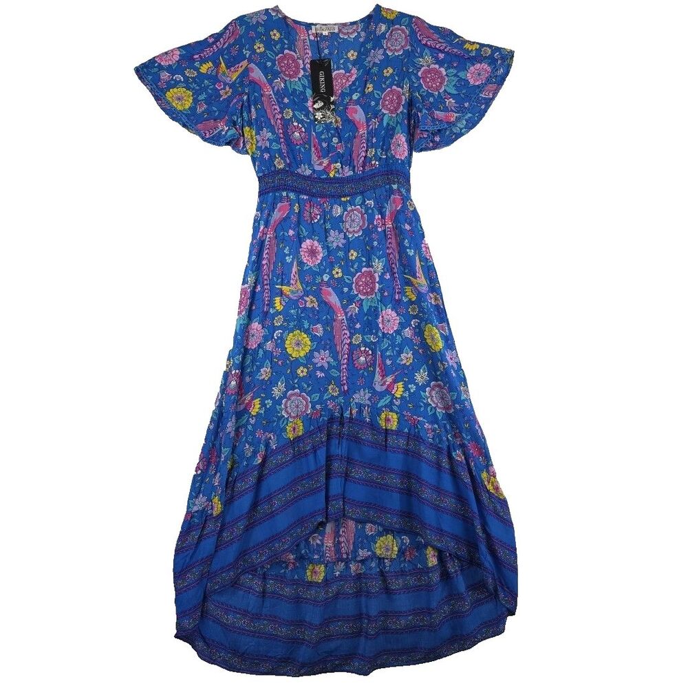 Boho High Low Tiered Maxi Dress Boho Size S Hippie Festival Flutter Sleeve NWT
